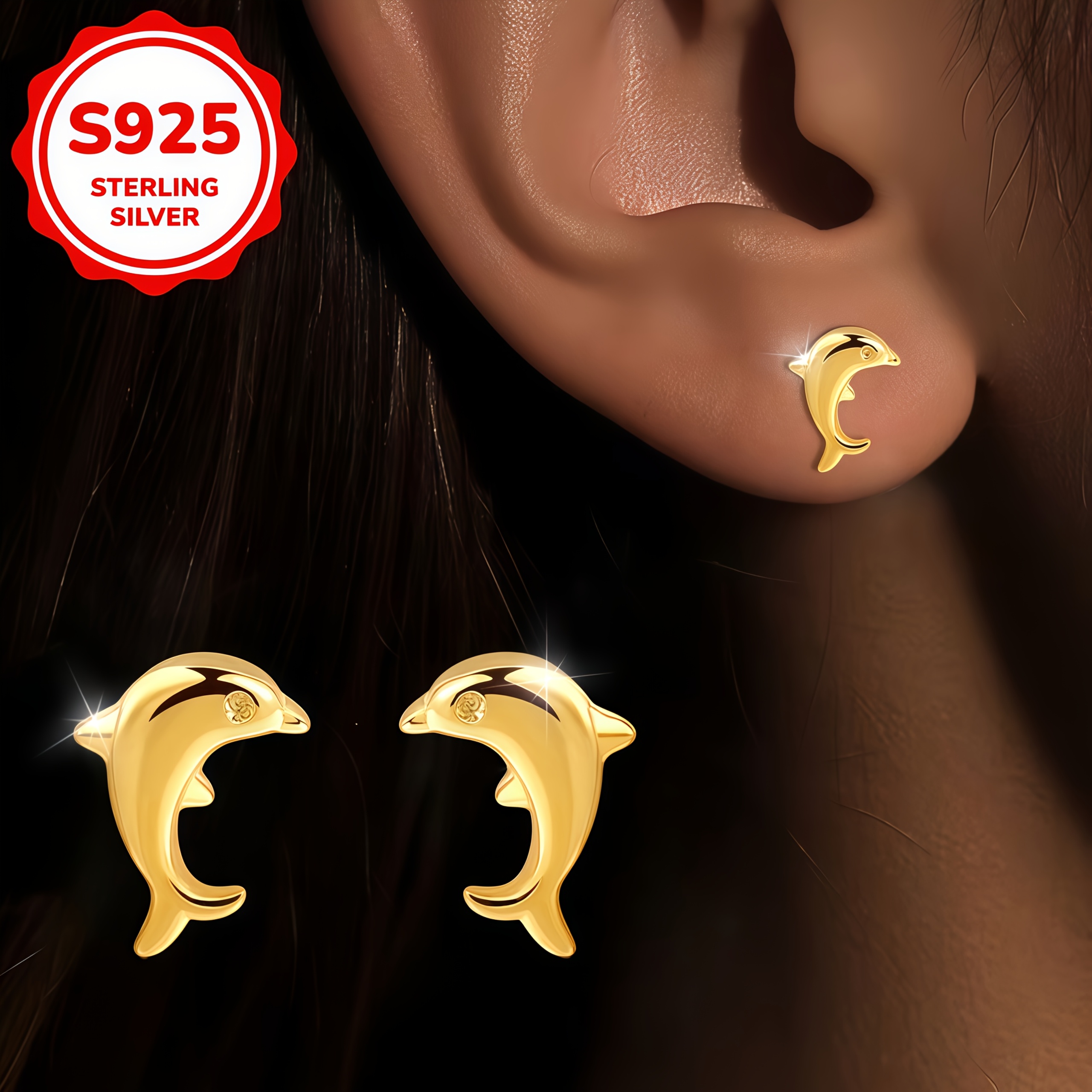 Women's S925 Silver Dolphin Stud Earrings, Cute and Elegant